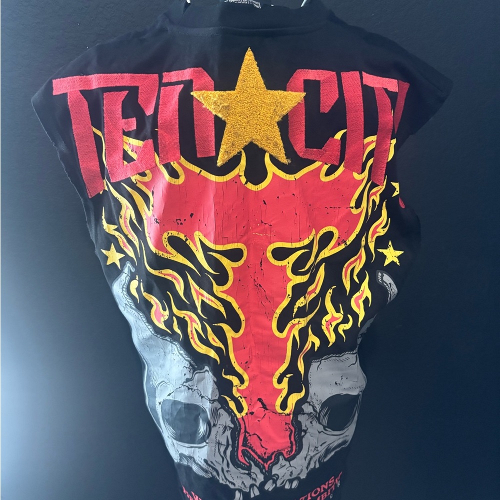 City Studios Black Tee with Red and Yellow Flame Skull Graphic